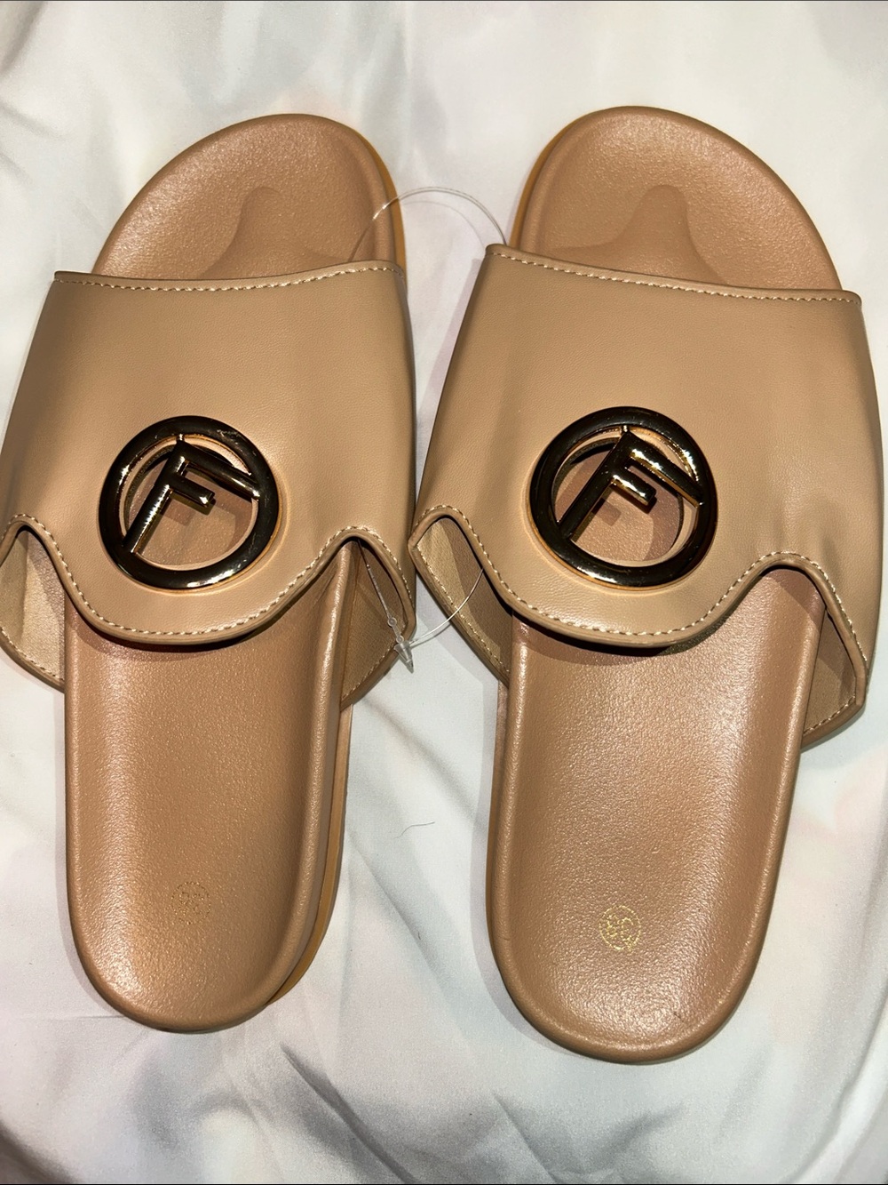 Beige Slide Sandals with Gold Logo Accent